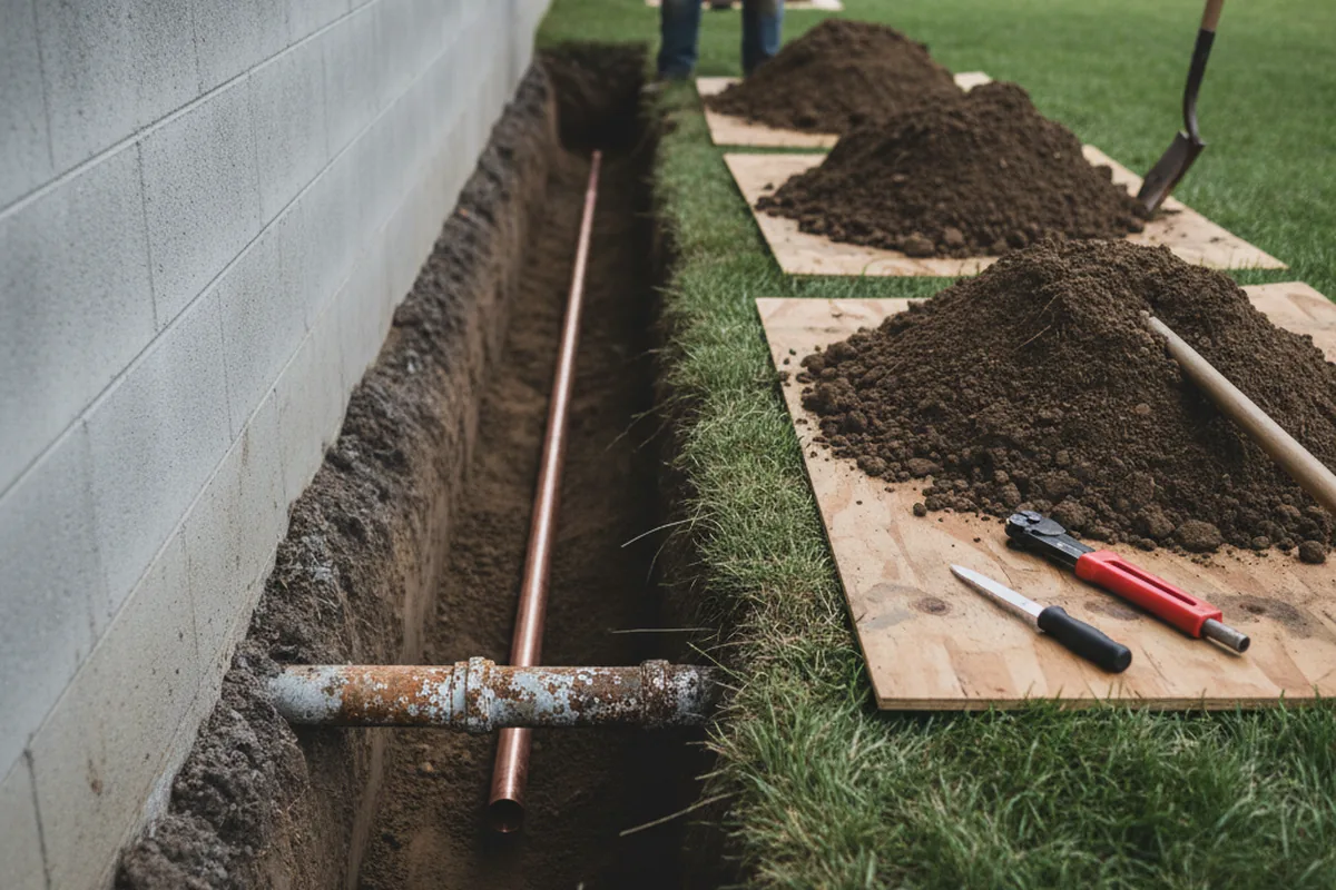 Excavated water line trench during Sewer Line Repair in Folsom